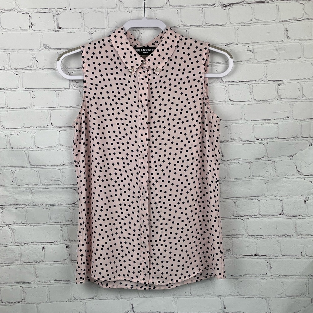 Karl Lagerfeld Blouse Women XS Pink Polka Dot Sleeveless Button Up Pearl Accent